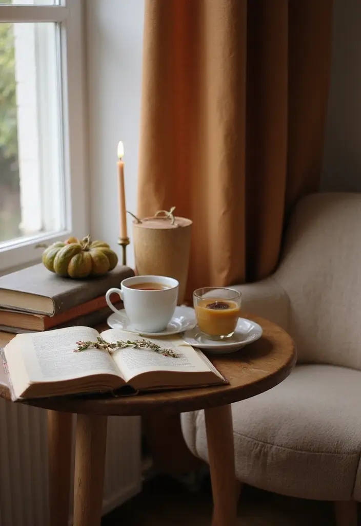 25 Autumn Book and Candle Decor Ideas for Relaxing Nights 71 25 Autumn Book and Candle Decor Ideas for Relaxing Nights - 21. Cozy Side Tables