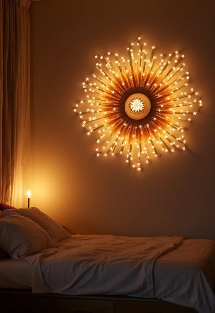 25 Bedroom Decor Ideas with Candles and Lamps for a Cozy Ambiance 41 25 Bedroom Decor Ideas with Candles and Lamps for a Cozy Ambiance - 13. Candle Starburst Wall Art