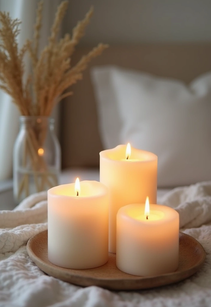 25 Bedroom Decor Ideas with Candles and Lamps for a Cozy Ambiance 43 25 Bedroom Decor Ideas with Candles and Lamps for a Cozy Ambiance - 15. Soft White Candle Glow