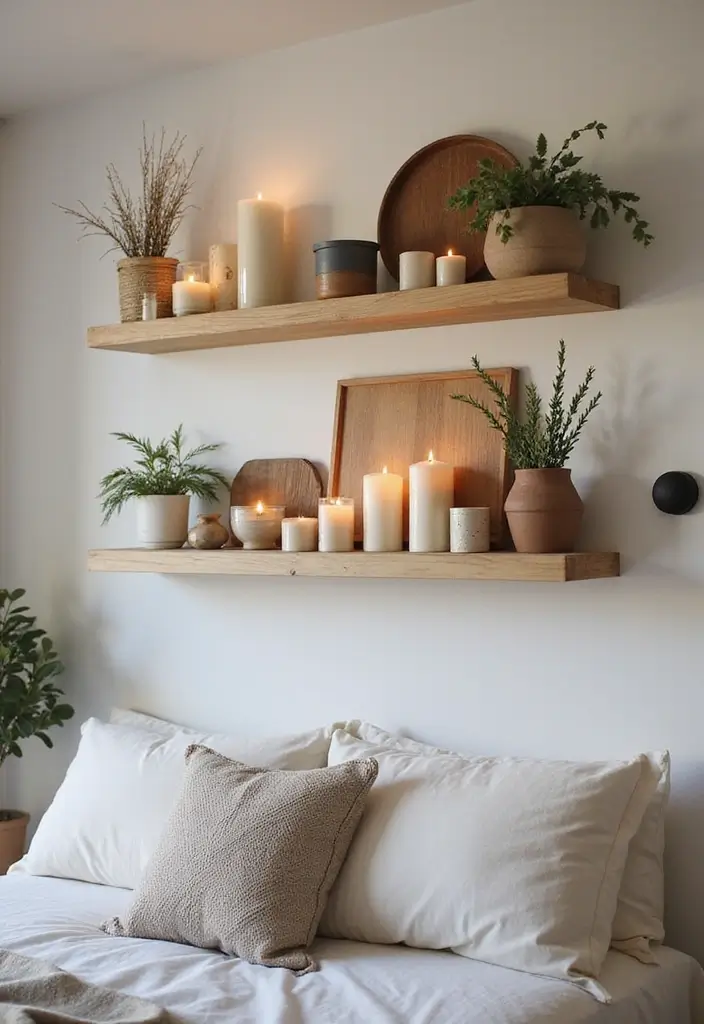 25 Bedroom Decor Ideas with Candles and Lamps for a Cozy Ambiance 44 25 Bedroom Decor Ideas with Candles and Lamps for a Cozy Ambiance - 16. Candle Wall Shelf Display