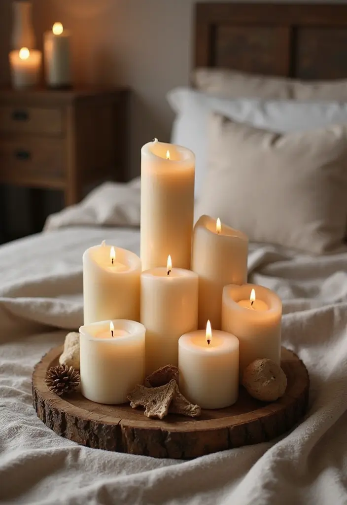 25 Bedroom Decor Ideas with Candles and Lamps for a Cozy Ambiance 49 25 Bedroom Decor Ideas with Candles and Lamps for a Cozy Ambiance - 19. Rustic Candle Stacks