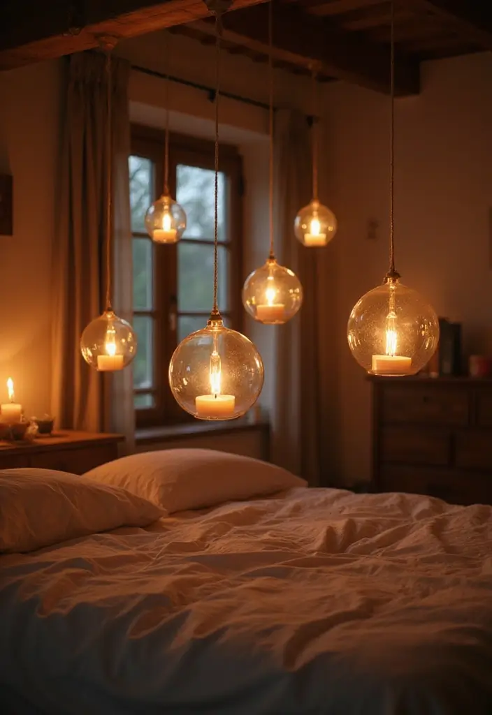 25 Bedroom Decor Ideas with Candles and Lamps for a Cozy Ambiance 51 25 Bedroom Decor Ideas with Candles and Lamps for a Cozy Ambiance - 21. Soft Glow from Ethereal Hanging Candles
