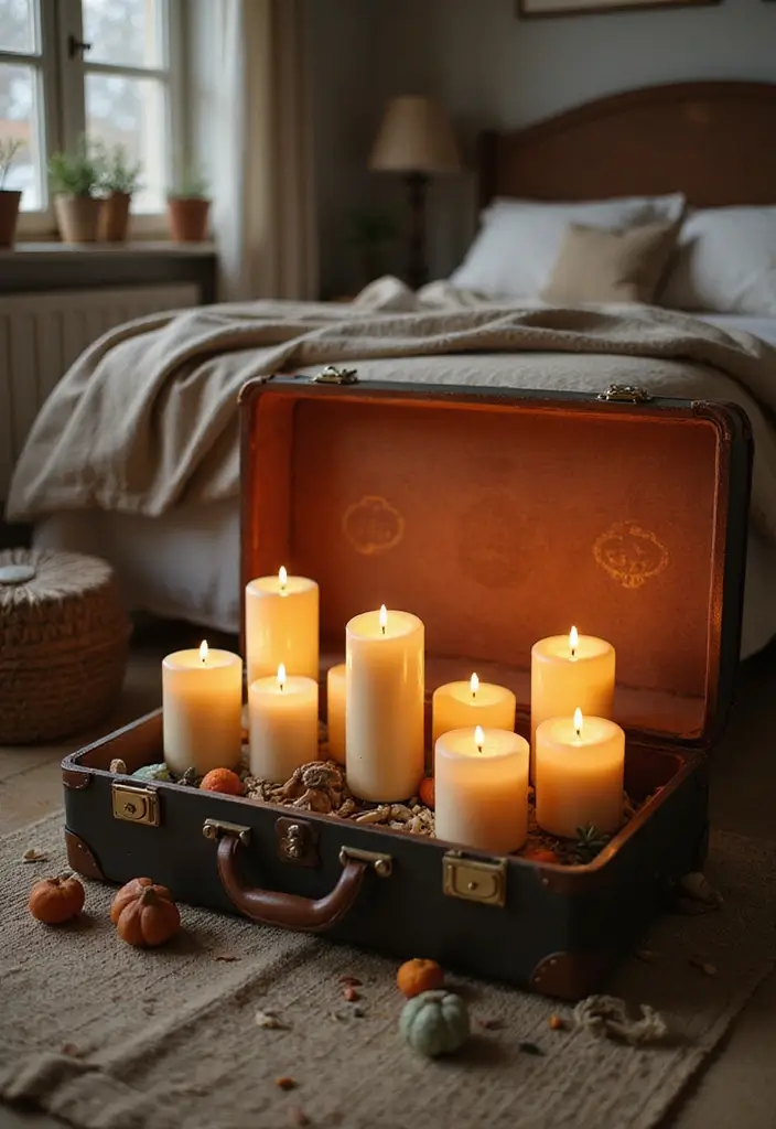 25 Bedroom Decor Ideas with Candles and Lamps for a Cozy Ambiance 55 25 Bedroom Decor Ideas with Candles and Lamps for a Cozy Ambiance - 23. Vintage Suitcase Candle Display