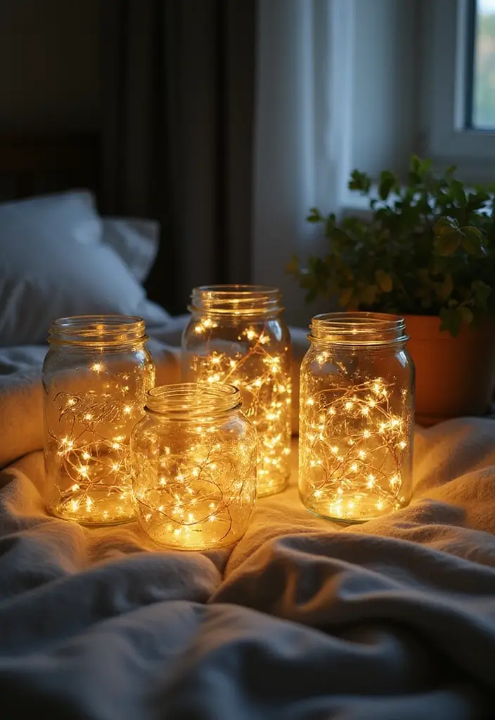 25 Bedroom Decor Ideas with Candles and Lamps for a Cozy Ambiance 7 25 Bedroom Decor Ideas with Candles and Lamps for a Cozy Ambiance - 3. Fairy Lights in Glass Jars