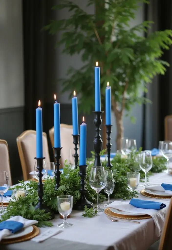 25 Blue Candle Holder Decor Ideas That Feel Calm and Chic 1 25 Blue Candle Holder Decor Ideas That Feel Calm and Chic - 1. Elegant Blue and Black Centerpiece