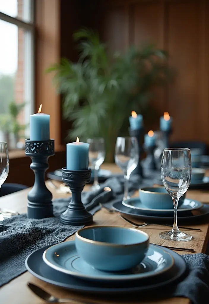 25 Blue Candle Holder Decor Ideas That Feel Calm and Chic 24 25 Blue Candle Holder Decor Ideas That Feel Calm and Chic - 10. Dining Setup for Entertaining