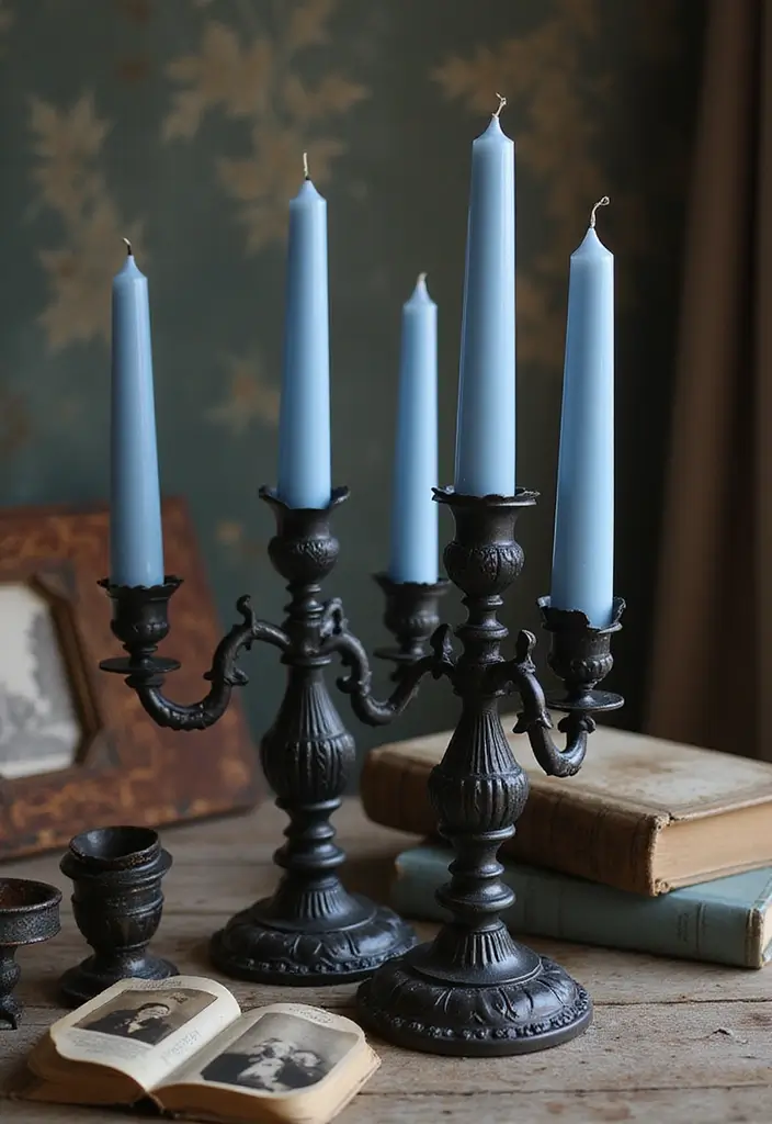 25 Blue Candle Holder Decor Ideas That Feel Calm and Chic 52 25 Blue Candle Holder Decor Ideas That Feel Calm and Chic - 18. Vintage Charm with Blue Candles