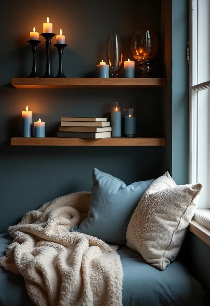 25 Blue Candle Holder Decor Ideas That Feel Calm and Chic 5 25 Blue Candle Holder Decor Ideas That Feel Calm and Chic - 3. Cozy Reading Nook with Blue Accents
