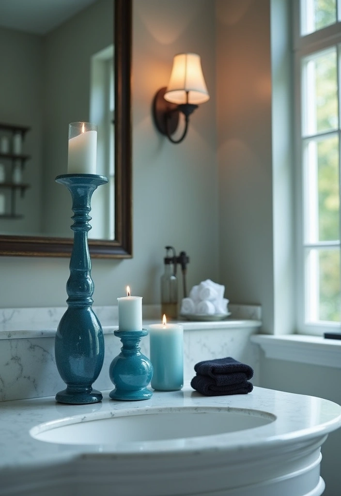 25 Blue Candle Holder Decor Ideas That Feel Calm and Chic 23 25 Blue Candle Holder Decor Ideas That Feel Calm and Chic - 9. Chic Bathroom Ambiance