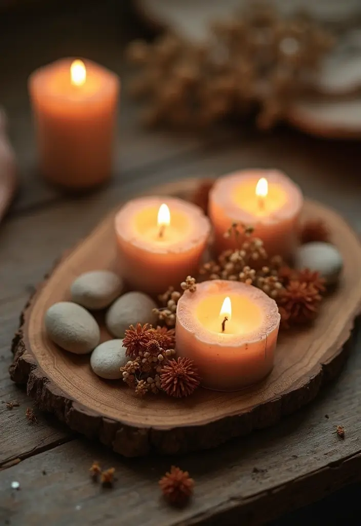 25 Candle Decor Ideas to Make Every Corner Feel Inviting 56 25 Candle Decor Ideas to Make Every Corner Feel Inviting - 14. Rustic Wooden Tray Candle Display