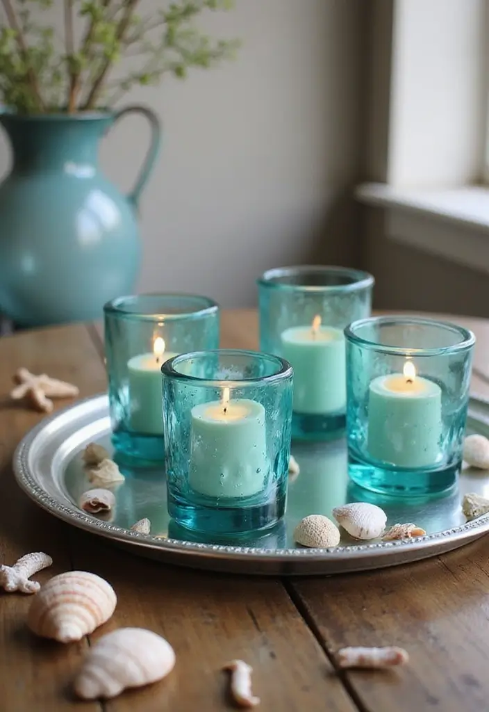 25 Candle Stick Decor Ideas That Instantly Add Warmth 1 25 Candle Stick Decor Ideas That Instantly Add Warmth - 1. Turquoise Glass Votive Holders