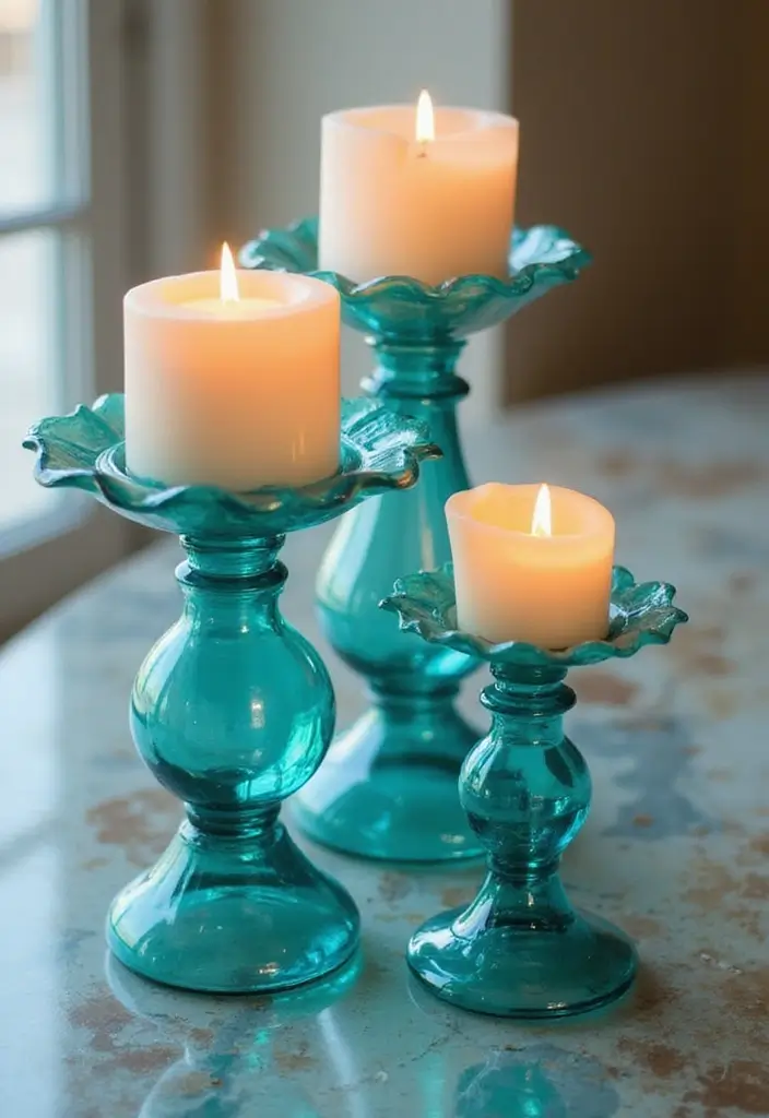 25 Candle Stick Decor Ideas That Instantly Add Warmth 59 25 Candle Stick Decor Ideas That Instantly Add Warmth - 15. Turquoise Candle Holders with Glass Accents