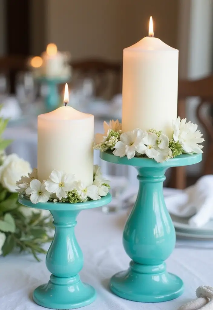 25 Candle Stick Decor Ideas That Instantly Add Warmth 77 25 Candle Stick Decor Ideas That Instantly Add Warmth - 19. Turquoise Candle Holders with Floral Accents