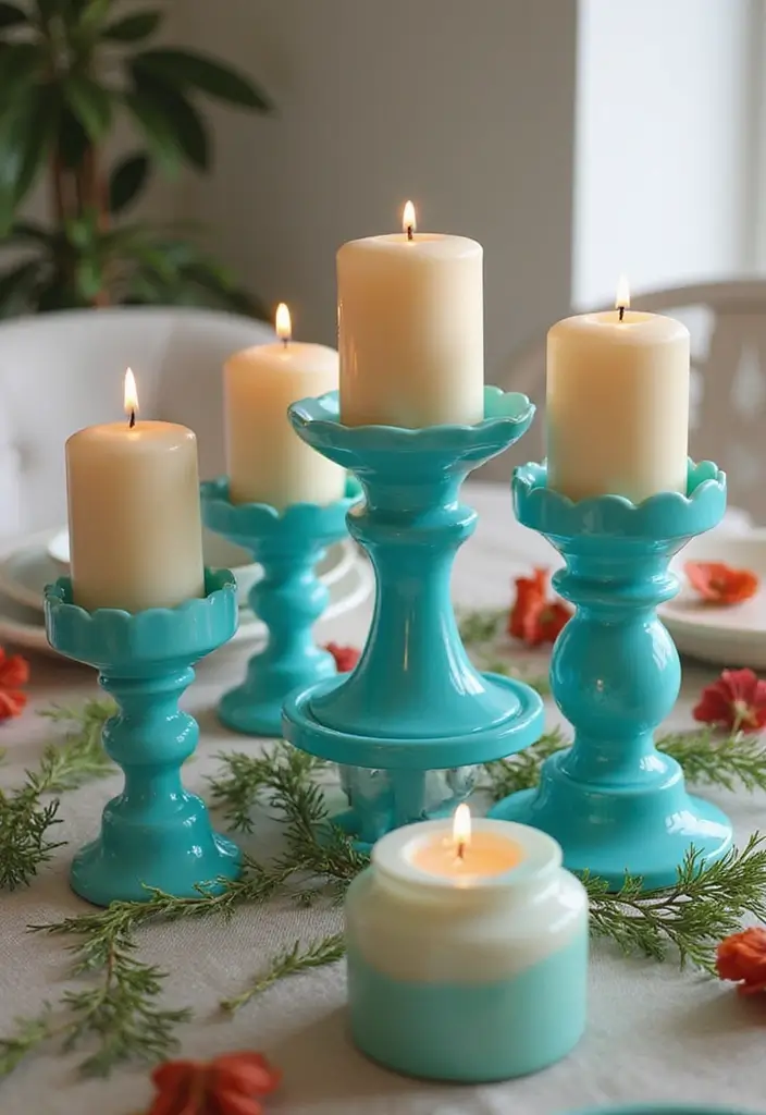 25 Candle Stick Decor Ideas That Instantly Add Warmth 28 25 Candle Stick Decor Ideas That Instantly Add Warmth - 8. Colorful Turquoise Candle Stands