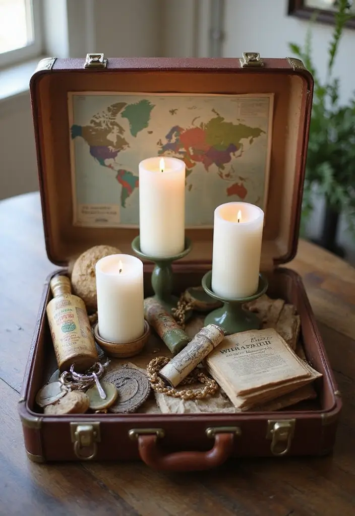 25 Candle Tray Decor Ideas for Organized Living Rooms 58 25 Candle Tray Decor Ideas for Organized Living Rooms - 18. Vintage Suitcase Charm