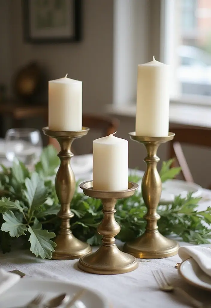 25 Candle and Greenery Table Decor Ideas for Natural Warmth 30 25 Candle and Greenery Table Decor Ideas for Natural Warmth - 10. Vintage Brass Candle Holders