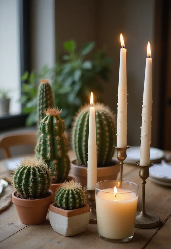 25 Candle and Greenery Table Decor Ideas for Natural Warmth 50 25 Candle and Greenery Table Decor Ideas for Natural Warmth - 16. Layered Candle and Cactus Display