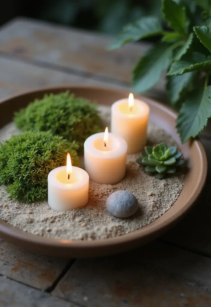 25 Candle and Greenery Table Decor Ideas for Natural Warmth 19 25 Candle and Greenery Table Decor Ideas for Natural Warmth - 5. Zen Garden Candle Scape