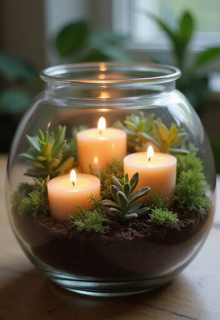 25 Candle and Greenery Table Decor Ideas for Natural Warmth 26 25 Candle and Greenery Table Decor Ideas for Natural Warmth - 6. Earthy Terrarium Candle Arrangements