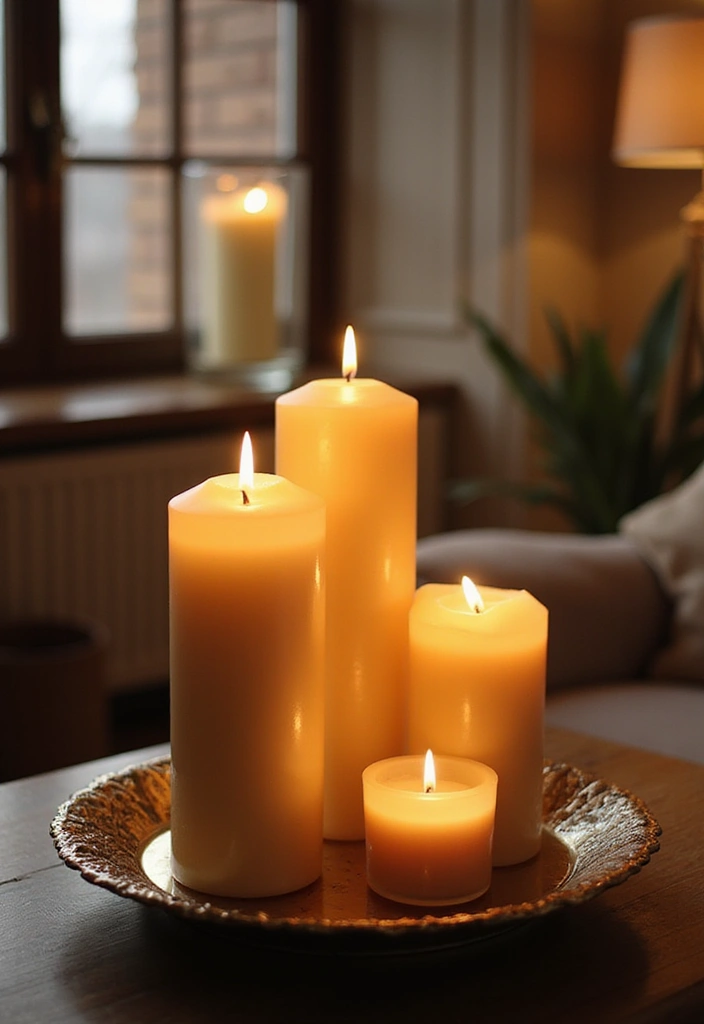 25 Cozy Home Decor Ideas with Candles and Lamps for a Warm Glow 1 25 Cozy Home Decor Ideas with Candles and Lamps for a Warm Glow - 1. Layered Candle Displays