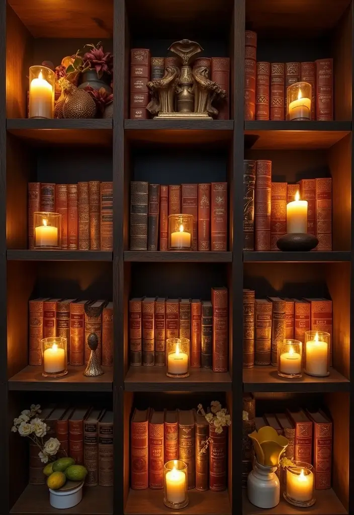 25 Cozy Home Decor Ideas with Candles and Lamps for a Warm Glow 74 25 Cozy Home Decor Ideas with Candles and Lamps for a Warm Glow - 22. Candle Arrangements on Bookshelves