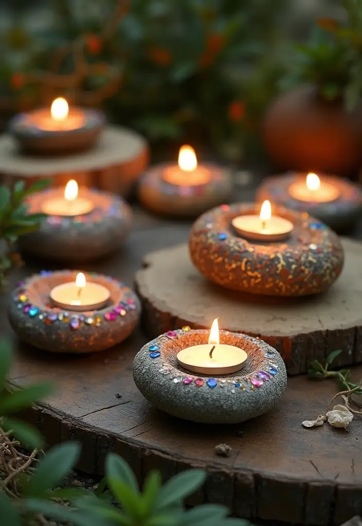 25 DIY Candle Holder Ideas That Add Handmade Charm to Your Home - 23. Embellished Stone Candle Holders