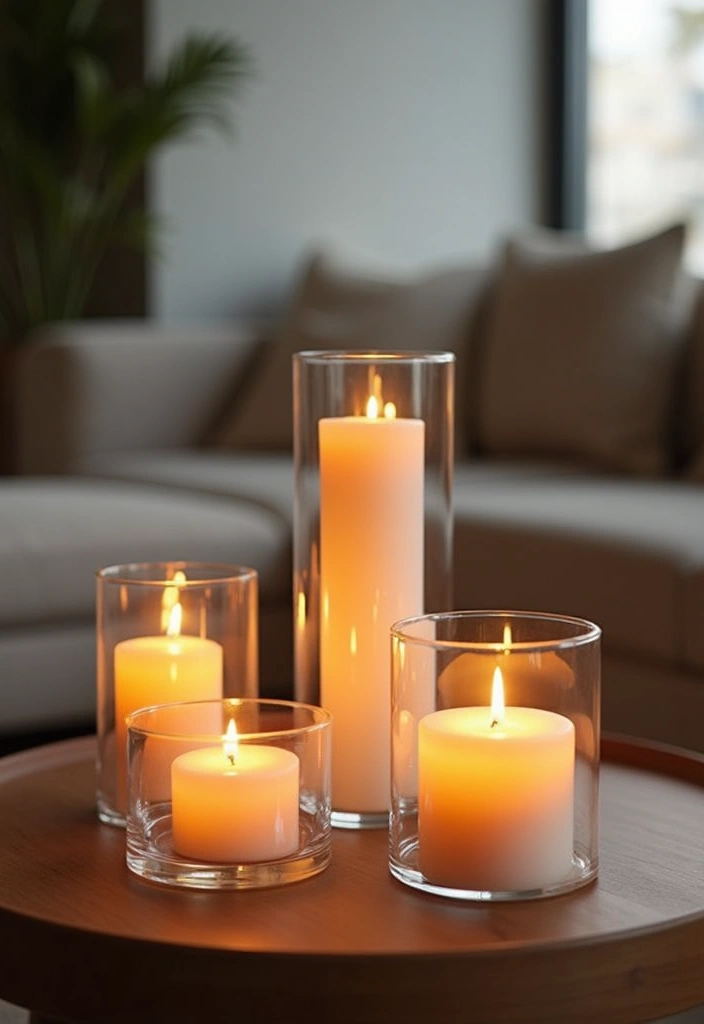 25 Living Room Candle Decor Ideas That Create Cozy Evenings 1 25 Living Room Candle Decor Ideas That Create Cozy Evenings - 1. Minimalist Glass Candle Holders
