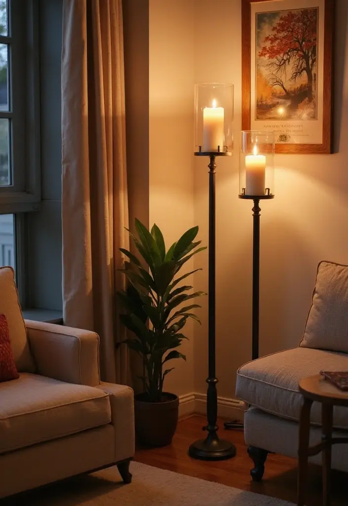 25 Living Room Candle Decor Ideas That Create Cozy Evenings 36 25 Living Room Candle Decor Ideas That Create Cozy Evenings - 6. Floor Candle Holders