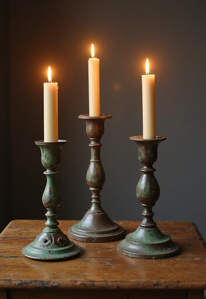25 Metal Candle Holder Decor Ideas for Industrial Style 29 25 Metal Candle Holder Decor Ideas for Industrial Style - 9. Vintage Candle Holders with a Patina Finish