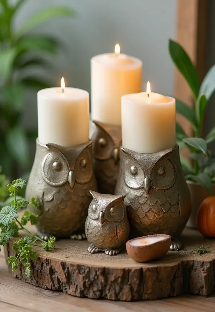25 Owl Candle Holder Decor Ideas That Add Whimsical Charm 52 25 Owl Candle Holder Decor Ideas That Add Whimsical Charm - 12. Eco-Friendly Metal Owl Holders
