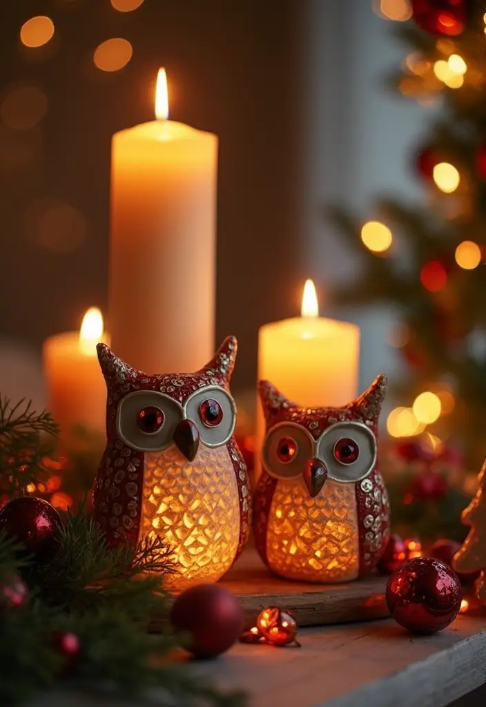 25 Owl Candle Holder Decor Ideas That Add Whimsical Charm 61 25 Owl Candle Holder Decor Ideas That Add Whimsical Charm - 19. Festive Owl Decor for Holidays