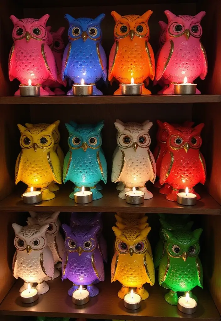 25 Owl Candle Holder Decor Ideas That Add Whimsical Charm 8 25 Owl Candle Holder Decor Ideas That Add Whimsical Charm - 2. Colorful Owl Candle Holders