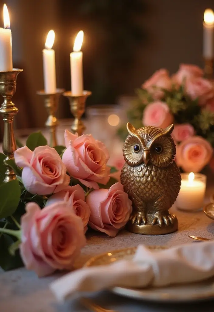25 Rose and Candle Table Decor Ideas for Special Occasions 1 25 Rose and Candle Table Decor Ideas for Special Occasions - 1. Elegant Owl Candle Holders with Pink Roses