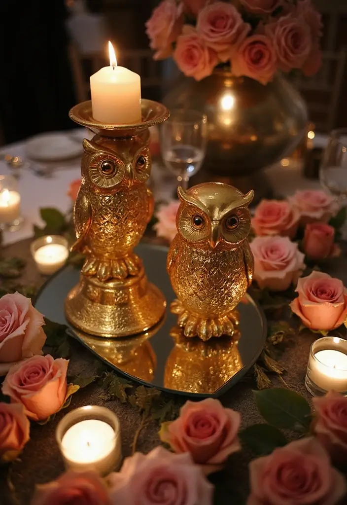 25 Rose and Candle Table Decor Ideas for Special Occasions 28 25 Rose and Candle Table Decor Ideas for Special Occasions - 10. Owl Candle Holders on a Mirror Base