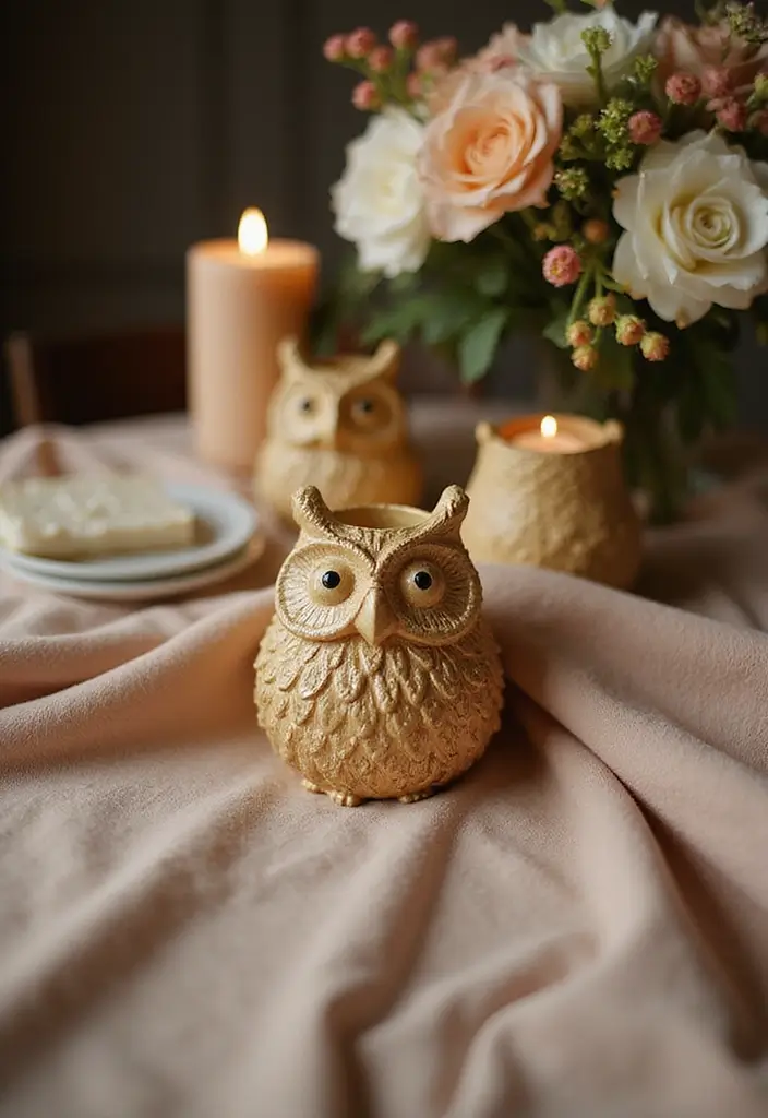25 Rose and Candle Table Decor Ideas for Special Occasions 31 25 Rose and Candle Table Decor Ideas for Special Occasions - 11. Owl Candle Holders with Soft Fabrics