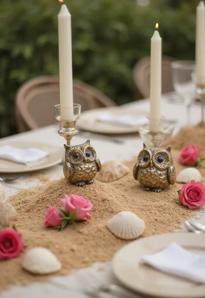 25 Rose and Candle Table Decor Ideas for Special Occasions 38 25 Rose and Candle Table Decor Ideas for Special Occasions - 12. Owl Candle Holders with Decorative Sand