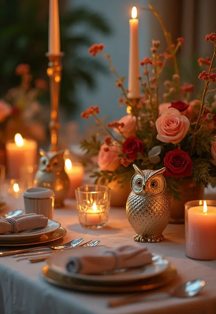 25 Rose and Candle Table Decor Ideas for Special Occasions 39 25 Rose and Candle Table Decor Ideas for Special Occasions - 13. Owl Candle Holders with Elegant Table Linens