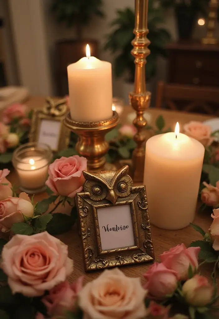 25 Rose and Candle Table Decor Ideas for Special Occasions 44 25 Rose and Candle Table Decor Ideas for Special Occasions - 14. Owl Candle Holders with Picture Frames