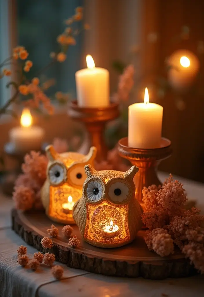 25 Rose and Candle Table Decor Ideas for Special Occasions 46 25 Rose and Candle Table Decor Ideas for Special Occasions - 16. Owl Candle Holders with Scented Candles