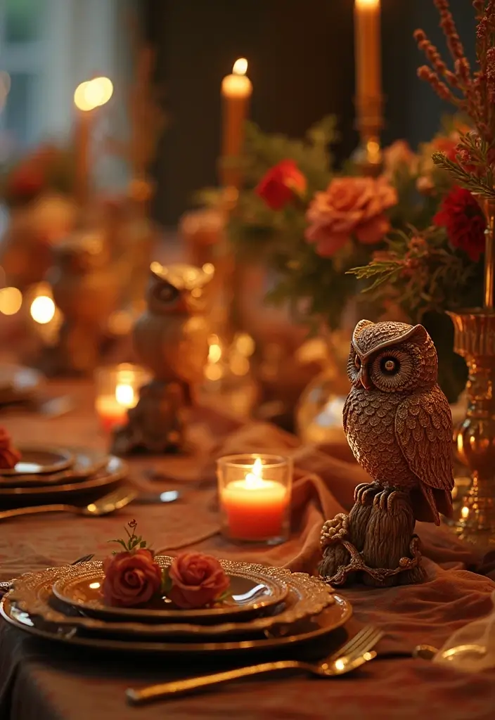 25 Rose and Candle Table Decor Ideas for Special Occasions 47 25 Rose and Candle Table Decor Ideas for Special Occasions - 17. Owl Candle Holders with Layered Fabrics