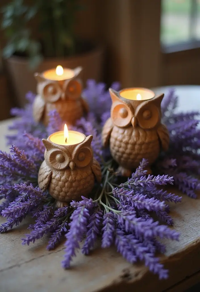 25 Rose and Candle Table Decor Ideas for Special Occasions 8 25 Rose and Candle Table Decor Ideas for Special Occasions - 2. Rustic Owl Candle Centerpiece with Lavender