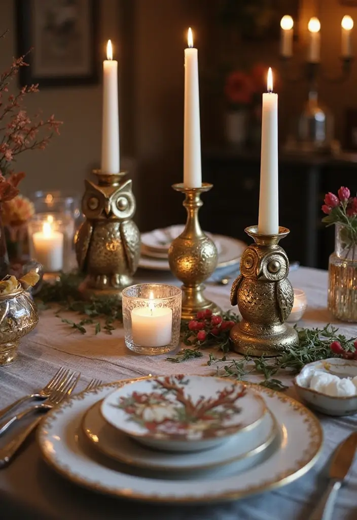 25 Rose and Candle Table Decor Ideas for Special Occasions 62 25 Rose and Candle Table Decor Ideas for Special Occasions - 20. Owl Candle Holders and Themed Tableware