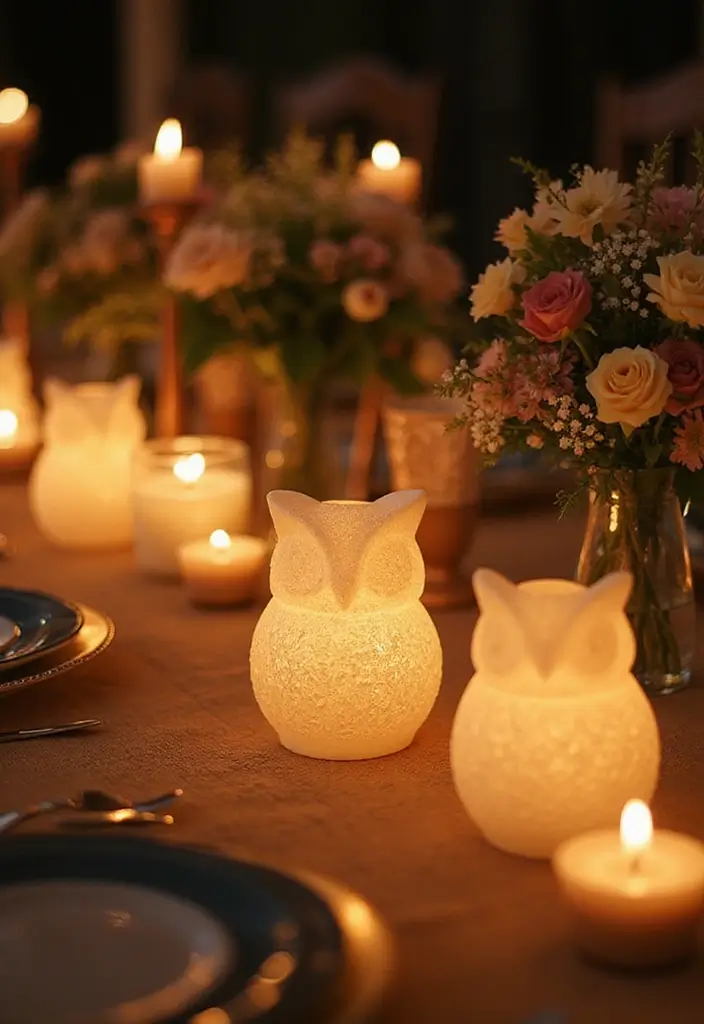 25 Rose and Candle Table Decor Ideas for Special Occasions 72 25 Rose and Candle Table Decor Ideas for Special Occasions - 24. Owl Candle Holders with Soft Lighting