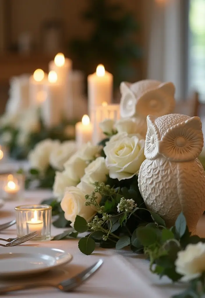 25 Rose and Candle Table Decor Ideas for Special Occasions 9 25 Rose and Candle Table Decor Ideas for Special Occasions - 3. Owl-Themed Candle Holders with White Roses