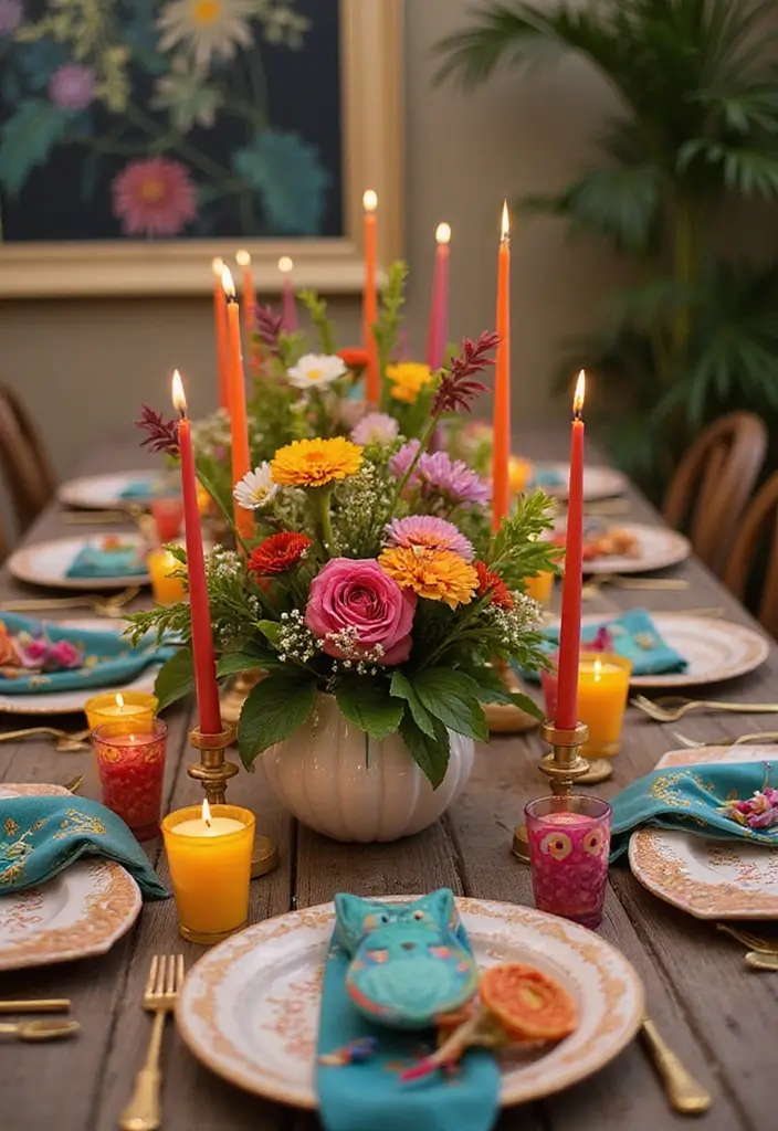 25 Rose and Candle Table Decor Ideas for Special Occasions 16 25 Rose and Candle Table Decor Ideas for Special Occasions - 4. Colorful Owl Candles with Mixed Floral Arrangements