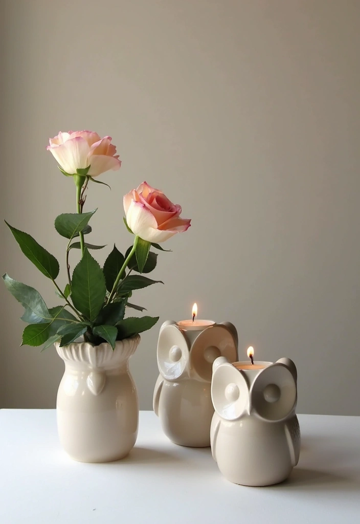 25 Rose and Candle Table Decor Ideas for Special Occasions 17 25 Rose and Candle Table Decor Ideas for Special Occasions - 5. Minimalist Owl Candle Decor with Simple Roses