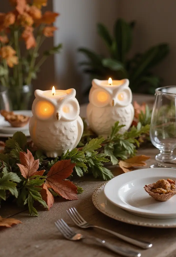25 Rose and Candle Table Decor Ideas for Special Occasions 20 25 Rose and Candle Table Decor Ideas for Special Occasions - 6. Owl Candle Holders with Seasonal Foliage
