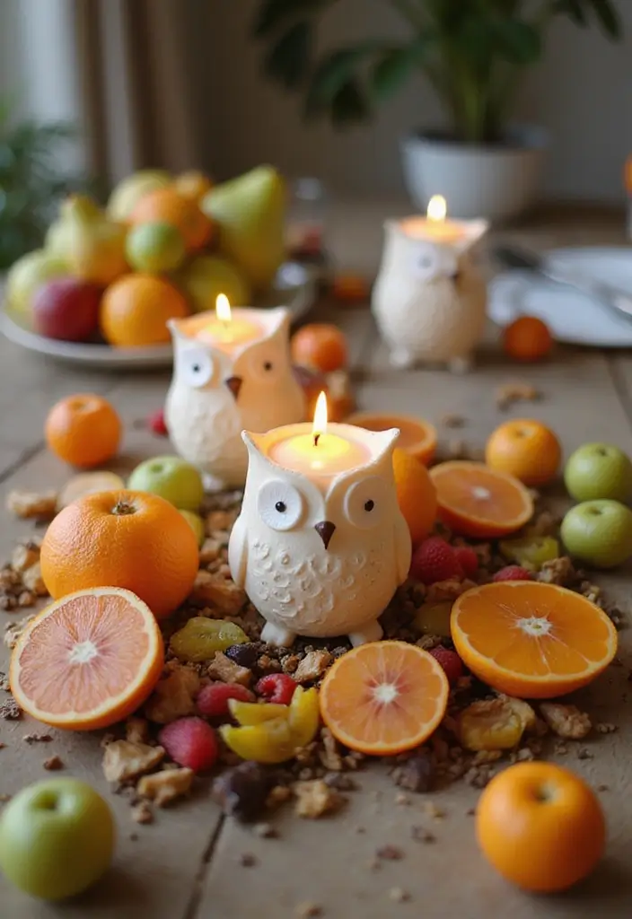 25 Rose and Candle Table Decor Ideas for Special Occasions 21 25 Rose and Candle Table Decor Ideas for Special Occasions - 7. Whimsical Owl Candles with Fruit Accents