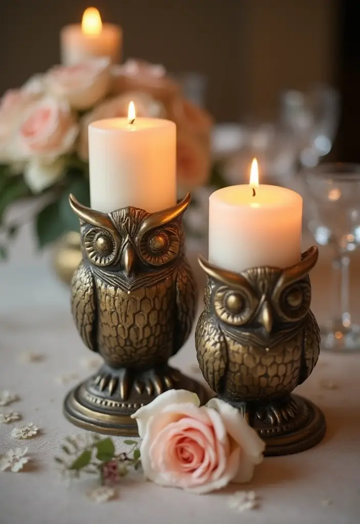 25 Rose and Candle Table Decor Ideas for Special Occasions 26 25 Rose and Candle Table Decor Ideas for Special Occasions - 8. Vintage Owl Candle Holders with Antique Roses