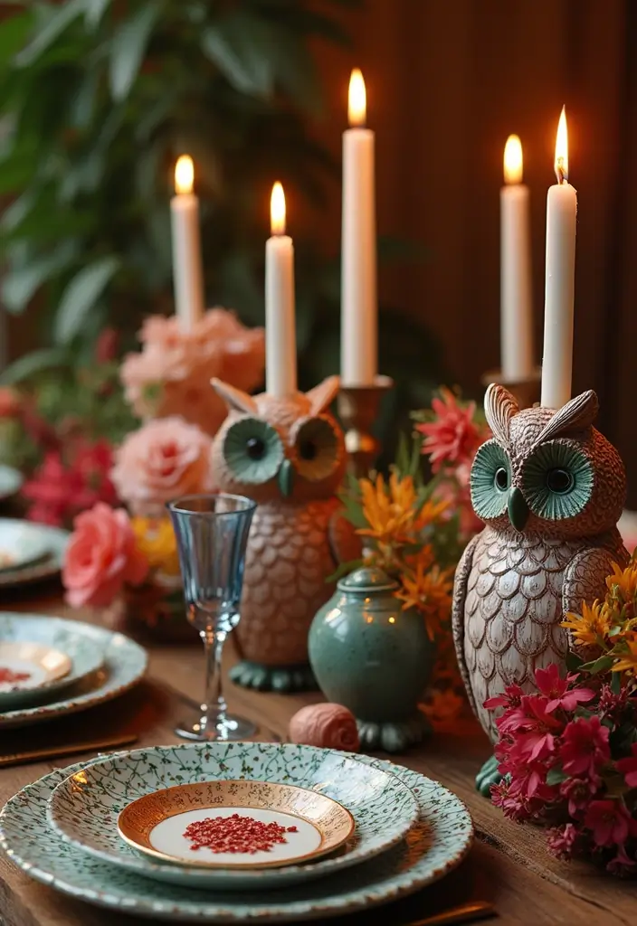 25 Rose and Candle Table Decor Ideas for Special Occasions 27 25 Rose and Candle Table Decor Ideas for Special Occasions - 9. Owl Candle Holders with Exotic Flowers